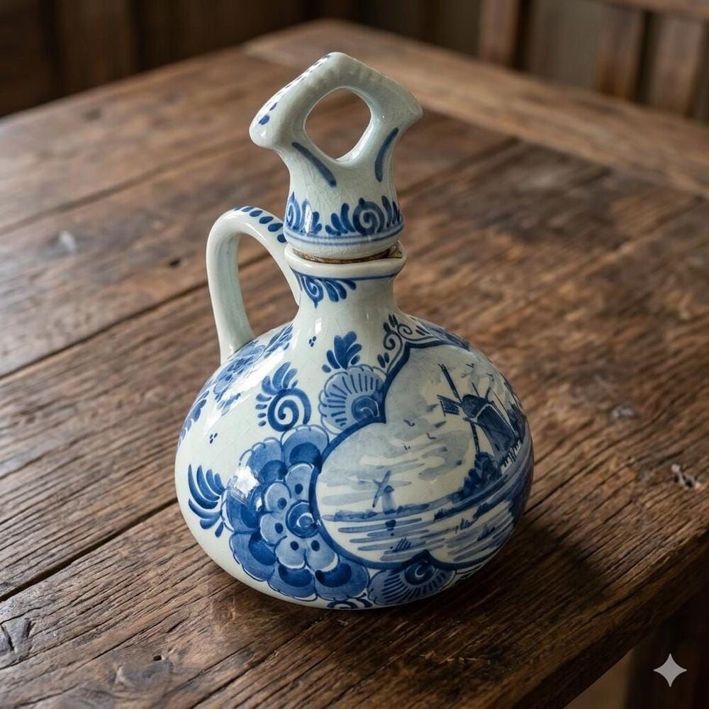 Vintage Delft Blue Bols Gin Decanter – Hand-Painted Windmill Scene, Dutch
